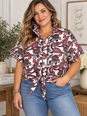Reworked Multicolor Paisley Ruffled Collar Short Sleeve Button Down Shirt XL,XXL